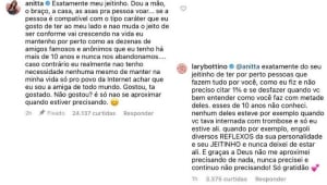 Print dos comentários de Anitta e Lary Bottino