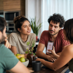 Pessoa usando um celular para organizar um encontro entre amigos em um aplicativo de rede social, sem textos ou elementos legíveis na tela
