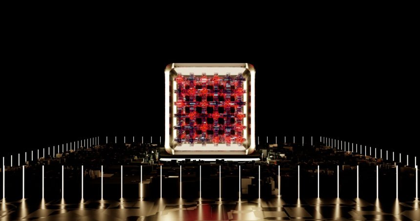 Representação abstrata de um processador digital futurista com elementos luminosos